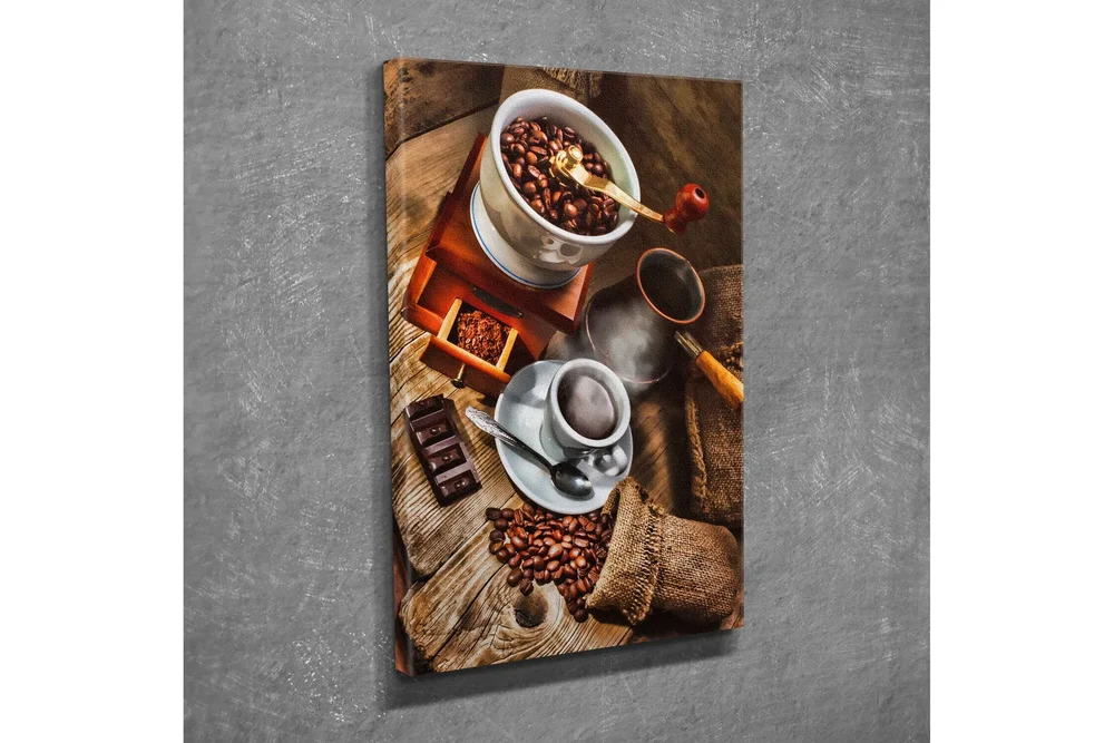 Lite lerretsbilde 30x40 cm - Kaffe- og sjokoladekomposisjon med ristede kaffebønner v:6966964