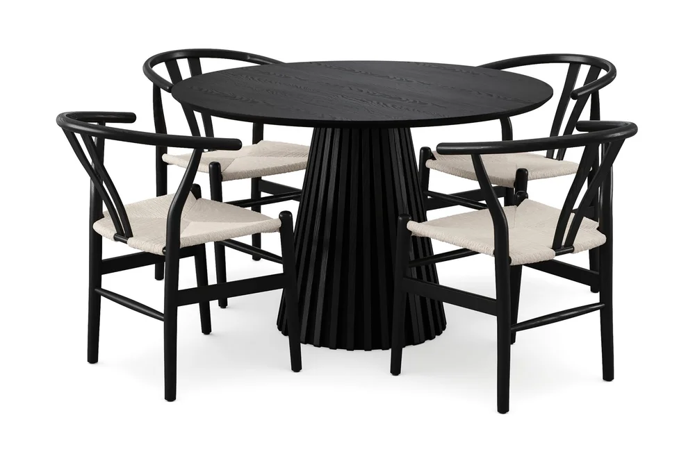 Peyra rund spisegruppe 110 cm svart med 4 Dastoori-spisestoler v:5590988