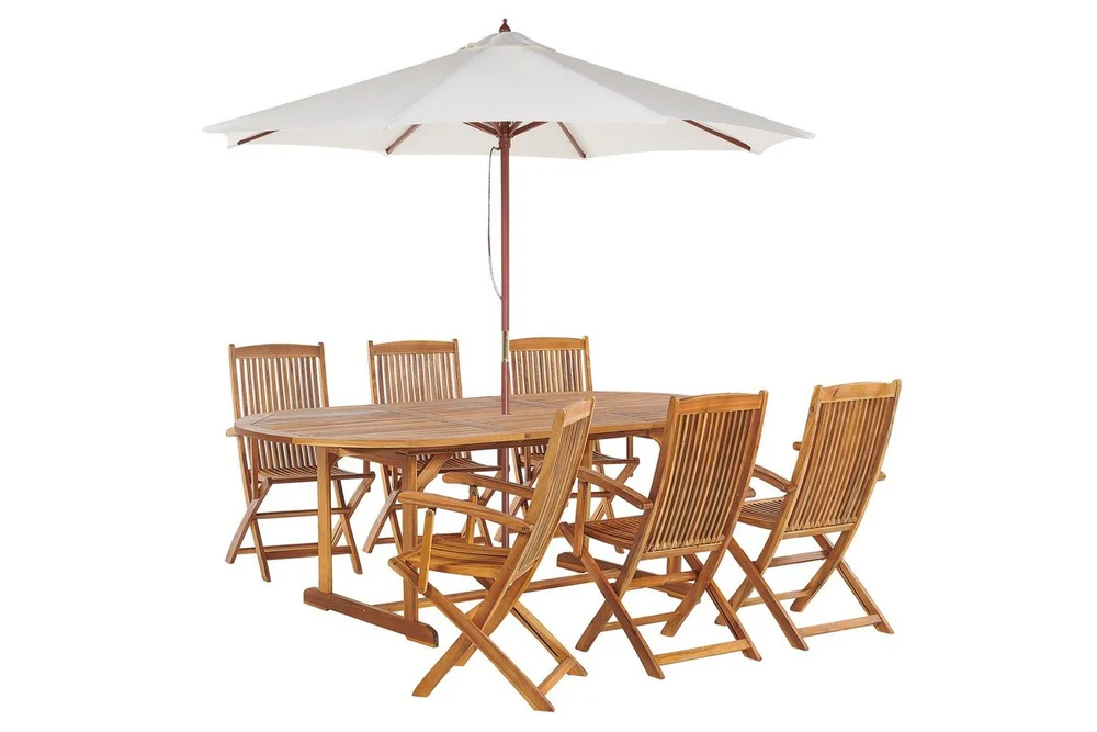 Matsalsset Beliani Maui med parasoll 8-sits Ljus trä/beige Light wood||Beige v:2509060