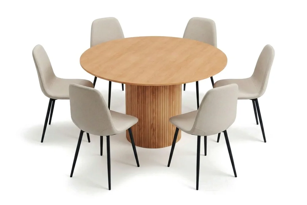 Kopparbo rund spisegruppe 130 cm eik med 6 Nibe-spisestoler v:1485208