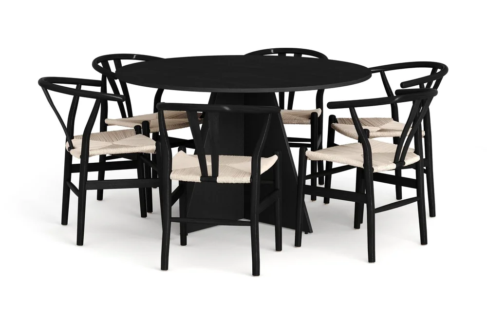Vera spisegruppe rund 130 cm svart med 6 Dastoori spisestoler v:9991670