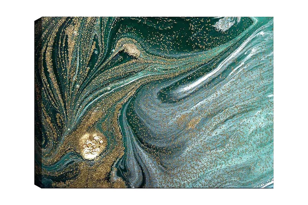 Lerretsbilde 70x100 cm - Abstrakt kunstverk med svarte og gullmønstre som skaper en følelse av bevegelse og dybde v:9145969