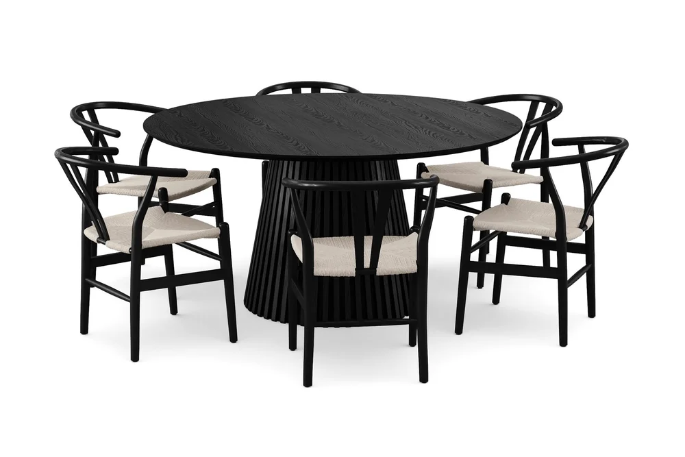 Peyra spisegruppe rund 150 cm svart med 6 Dastoori spisestoler v:1076261