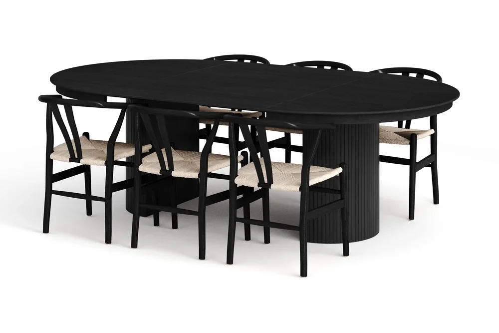 Kopparbo uttrekkbart rundt 140–220 cm svart med 6 Dastoori spisestoler v:2970383