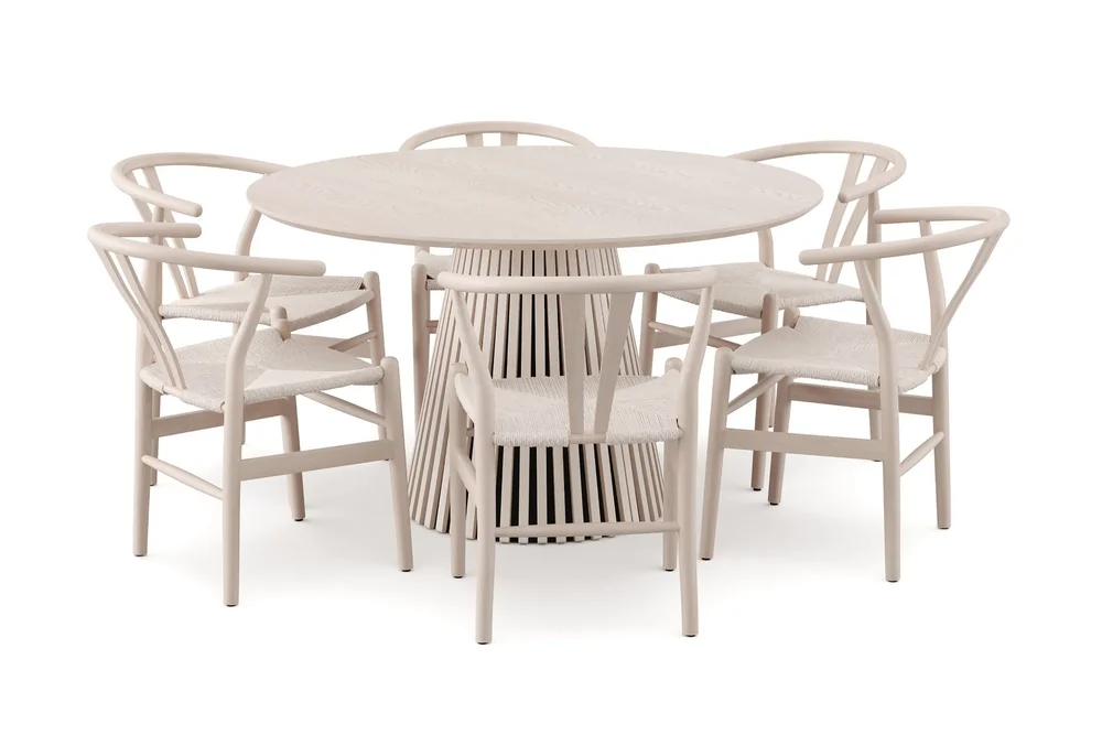 Peyra rund spisegruppe 130 cm hvitbeiset med 6 Dastoori-spisestoler v:9660213