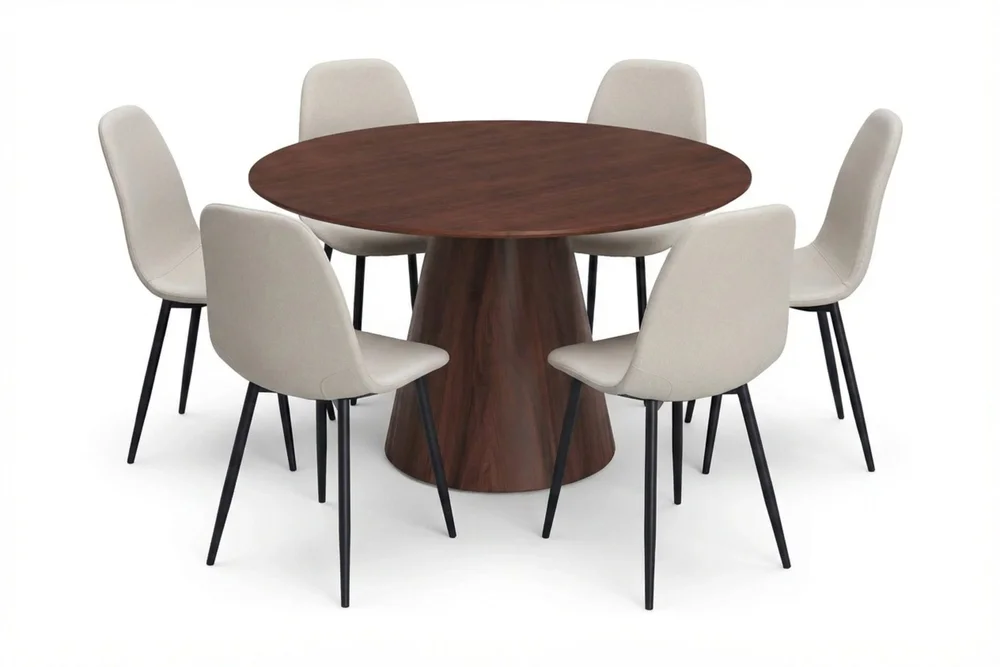 Siena spisegruppe rund 130 cm valnøtt med 6 Nibe spisestoler v:9208656