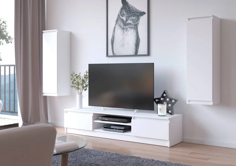Akord stueveggsystem med vitrineskap og « Tv »-stativ – Hvit m v:2377578 Akord stueveggsystem med vitrineskap og « Tv »-stativ – Hvit m v:2377578