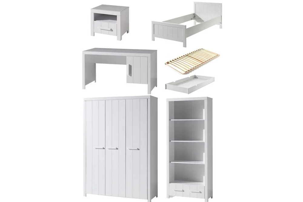 Seng med ribbebunn nattbord tre-dørs garderobe skrivebord bokhylle skuff Erik v:7710780 Seng med ribbebunn nattbord tre-dørs garderobe skrivebord bokhylle skuff Erik v:7710780