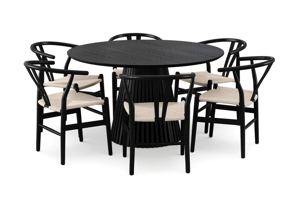 Peyra rund spisegruppe 130 cm svart med 6 Dastoori-spisestoler v:4953785