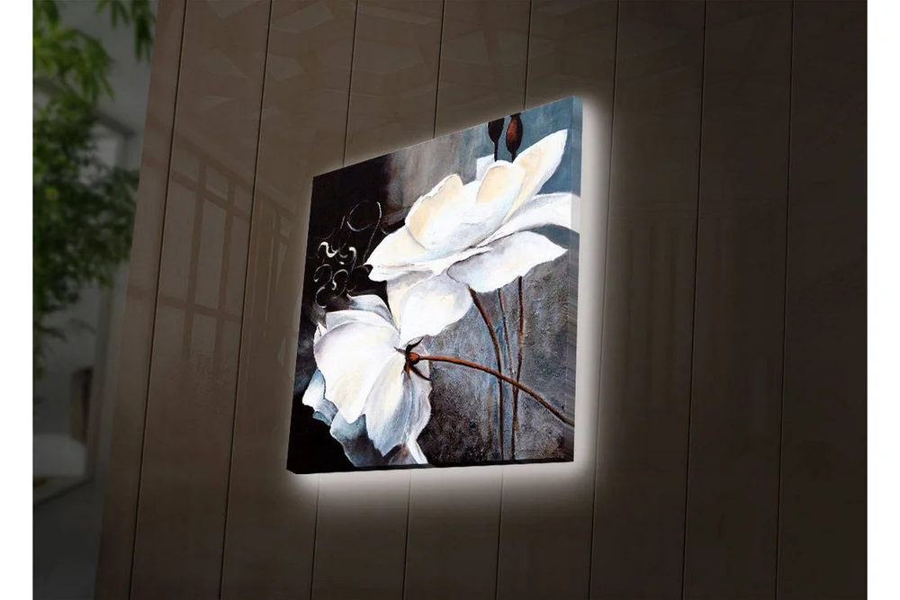 Lerretsbilde med LED-belysning 28x28 cm - Hvite blomster med elegante detaljer v:8037427