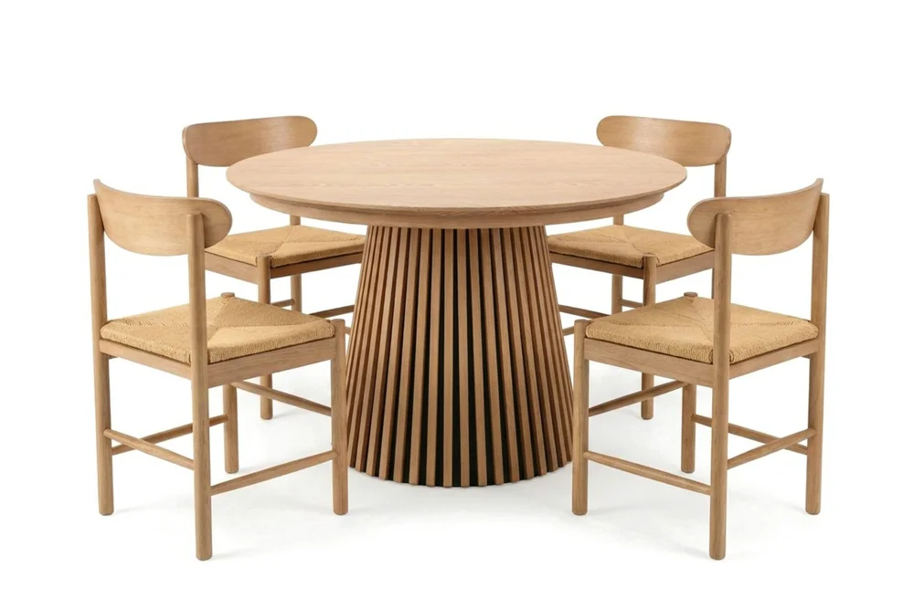 Peyra uttrekkbar rund spisegruppe 120–220 cm eik med 4 Malte-spisestoler v:1336620