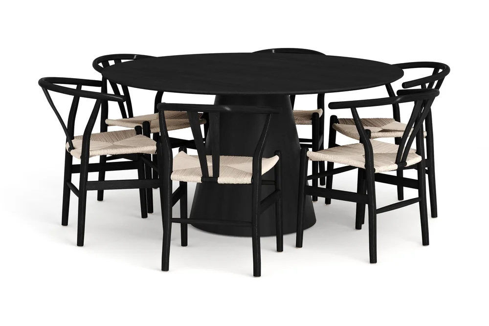 Siena Spisegruppe rund 150 cm Svart med 6 Dastoori spisestoler v:4250287