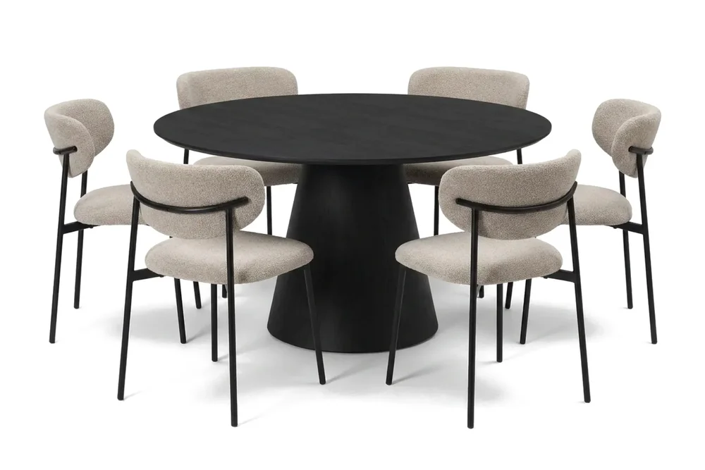 Siena spisegruppe rund 130 cm svart med 6 Lucy spisestoler v:3549620