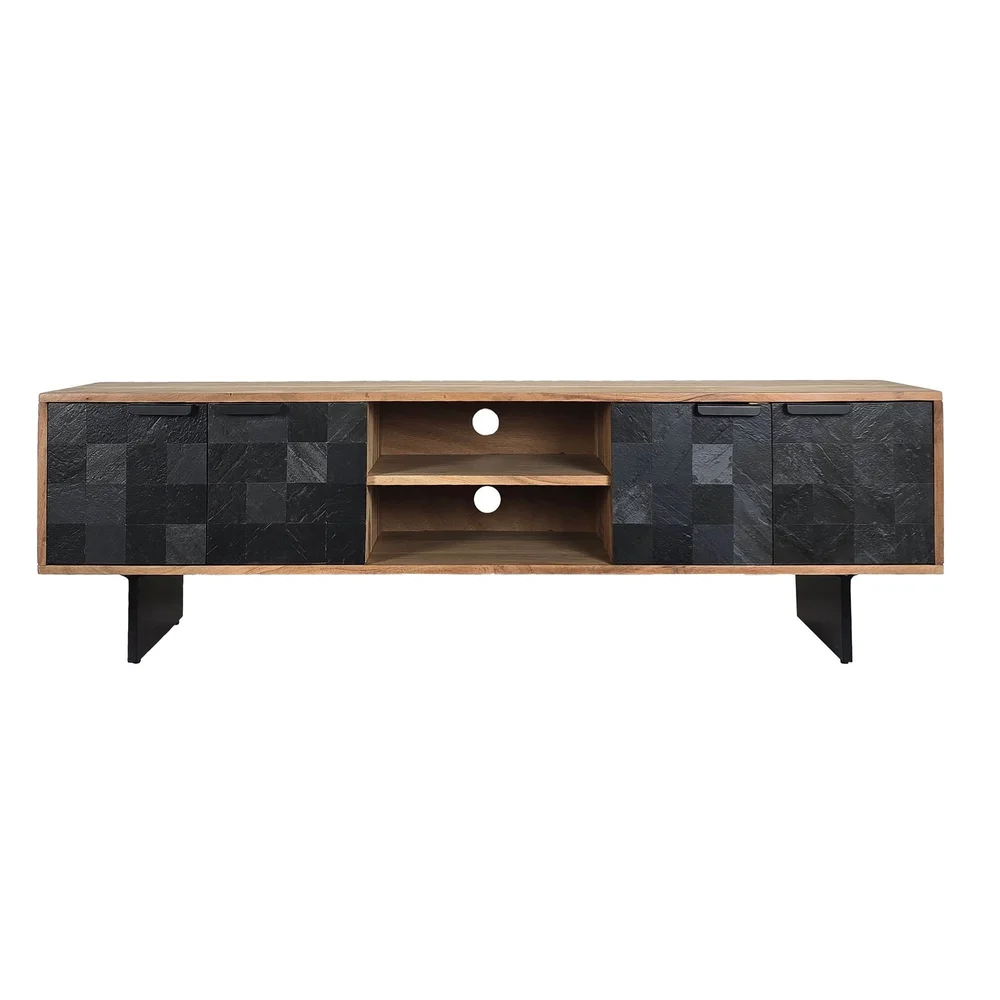 Olvian TV-benk 150 cm i massivt akasietre med fronter i steinlook og metall v:7037670